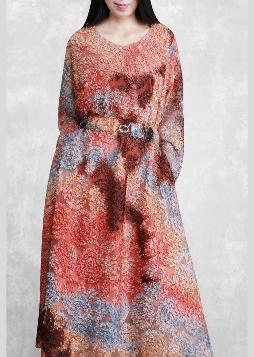 O Neck Tie Waist Spring Quilting Clothes Neckline Pink Print Dress