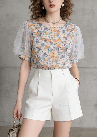 O-neck Tulle Puff Sleeve Print Chiffon Top Summer