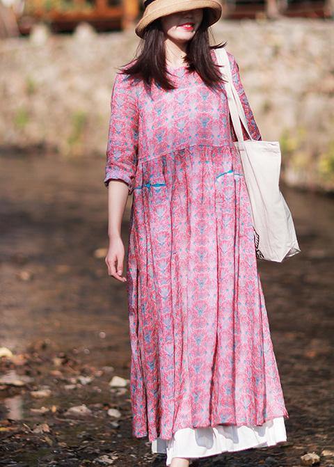 O-neck Wrinkled Summer Tutorials Pink Print Dress