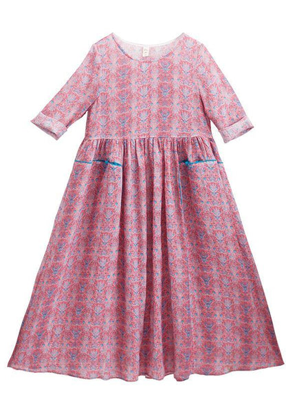 O-neck Wrinkled Summer Tutorials Pink Print Dress