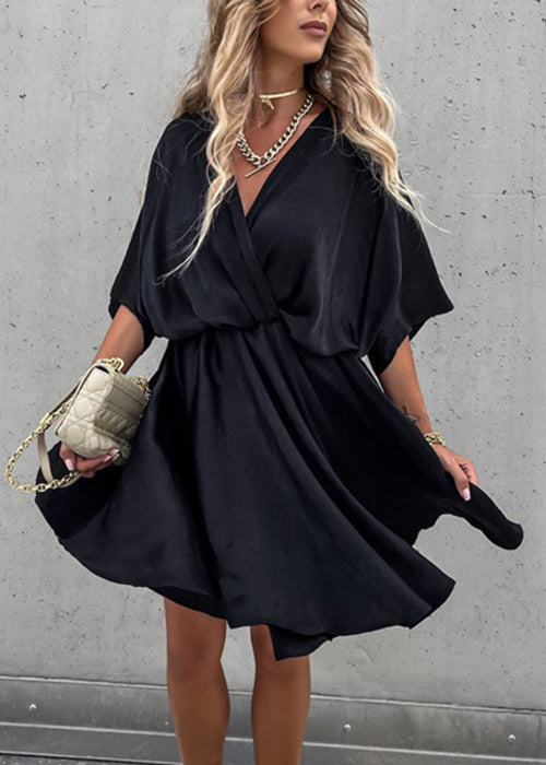 Olive Green V Neck Cotton Mid Dress Half Sleeve