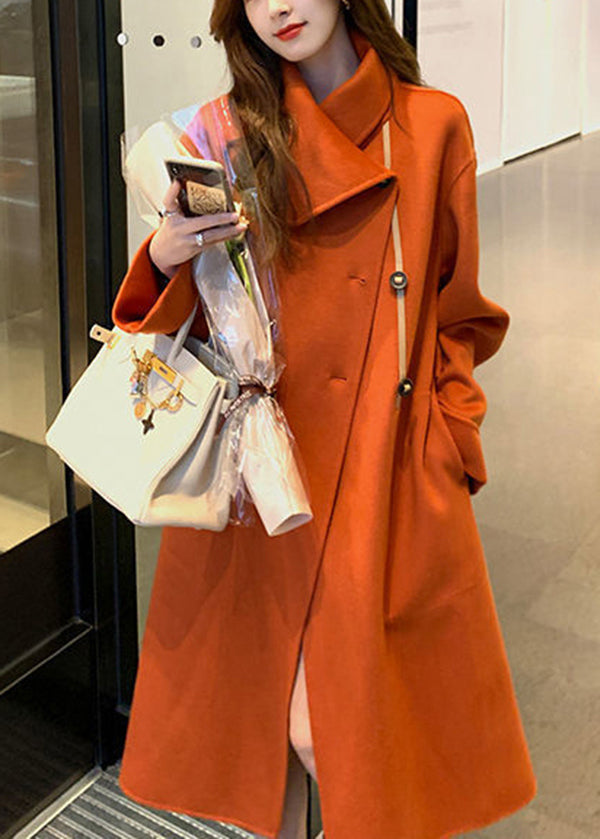 Orange Asymmetrical Tie Waist Woolen Trench Fall