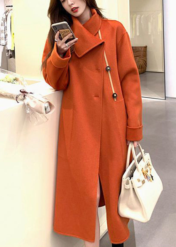 Orange Asymmetrical Tie Waist Woolen Trench Fall