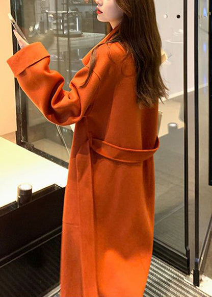 Orange Asymmetrical Tie Waist Woolen Trench Fall