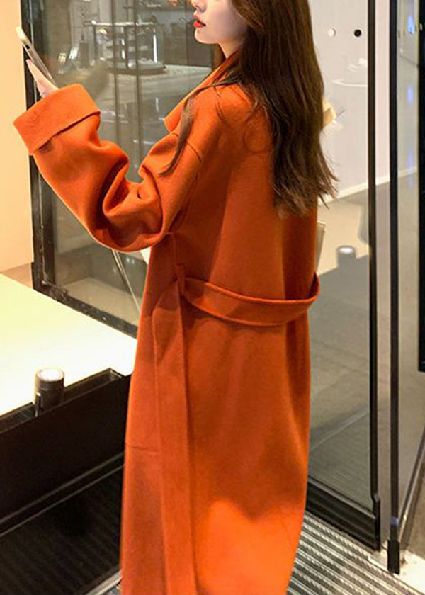 Orange Asymmetrical Tie Waist Woolen Trench Fall