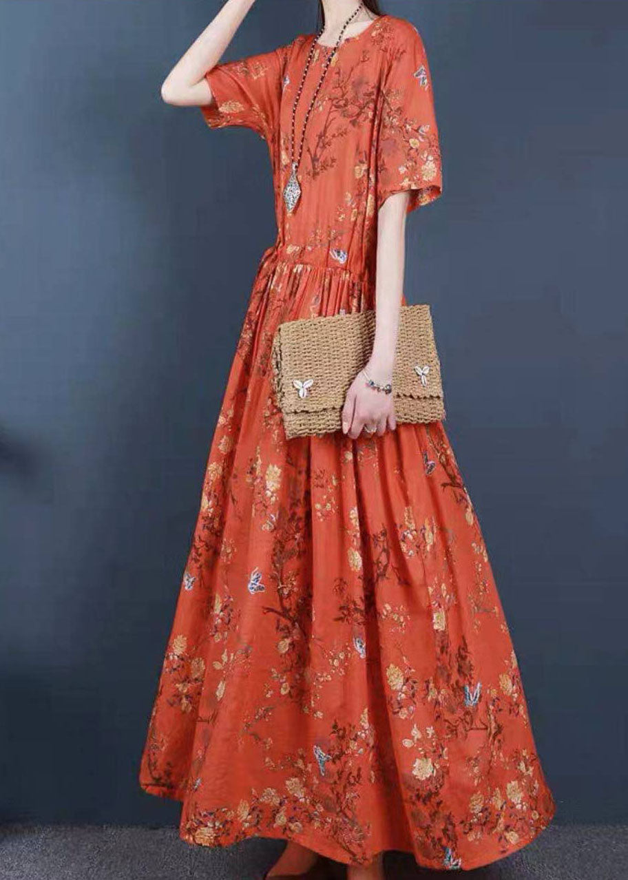 Orange Cinched Print Cotton Long Dress Short Sleeve