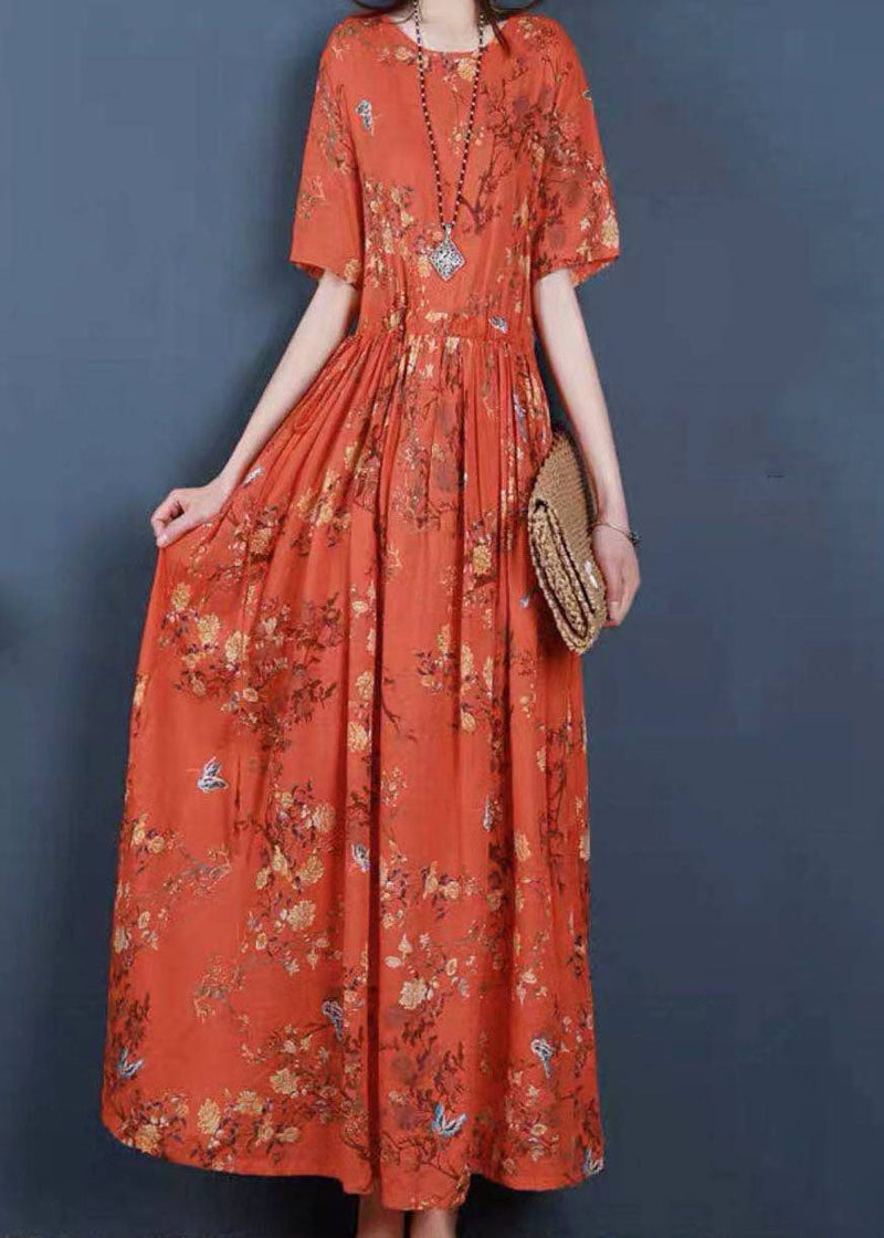 Orange Cinched Print Cotton Long Dress Short Sleeve