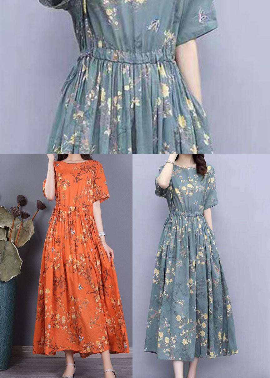 Orange Cinched Print Cotton Long Dress Short Sleeve