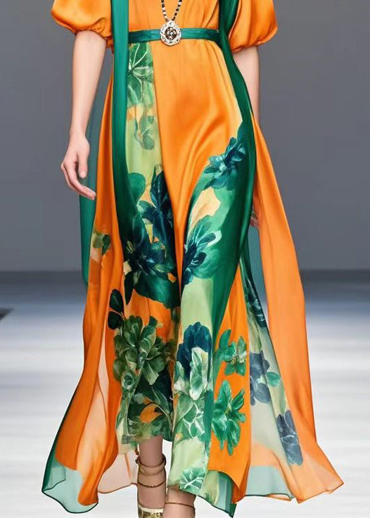 Orange Cinched Print Silk Ankle Dress Lantern Sleeve