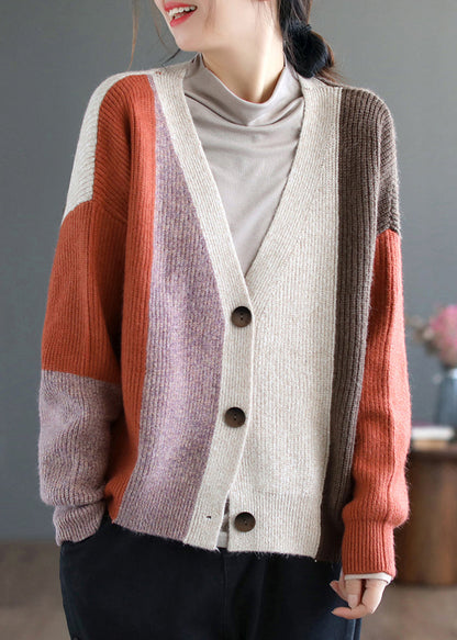 Orange Colorblock Button Patchwork Knitting Cardigan Fall