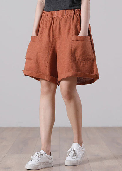Orange Elastic Waist Pockets Color Linen Shorts Summer