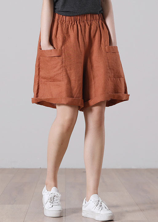 Orange Elastic Waist Pockets Color Linen Shorts Summer