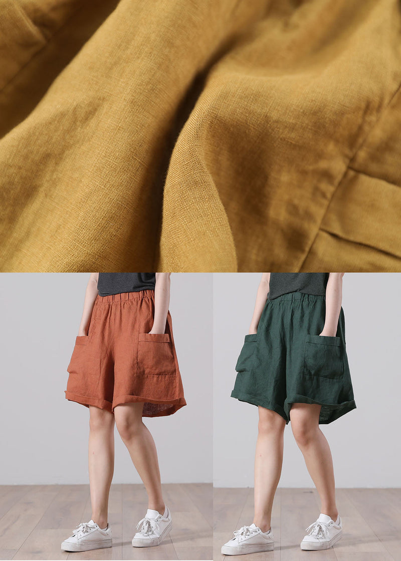 Orange Elastic Waist Pockets Color Linen Shorts Summer