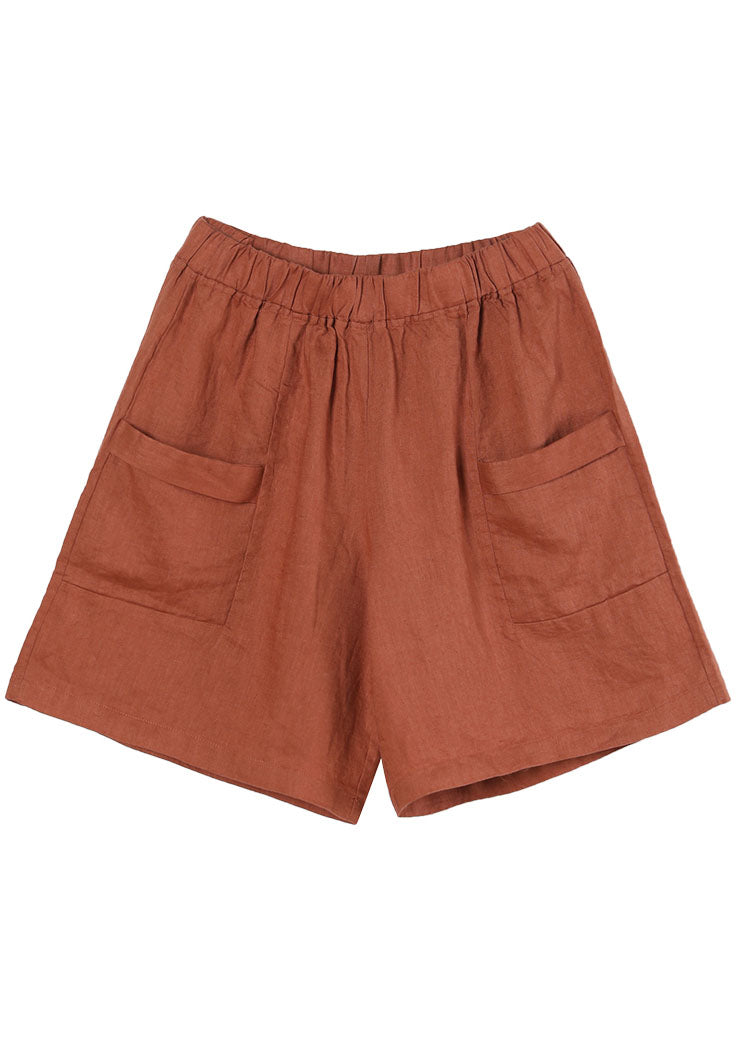 Orange Elastic Waist Pockets Color Linen Shorts Summer