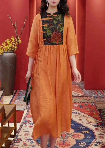Orange Embroidered Button Cotton Dresses Half Sleeve