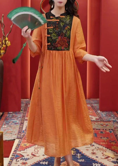 Orange Embroidered Button Cotton Dresses Half Sleeve
