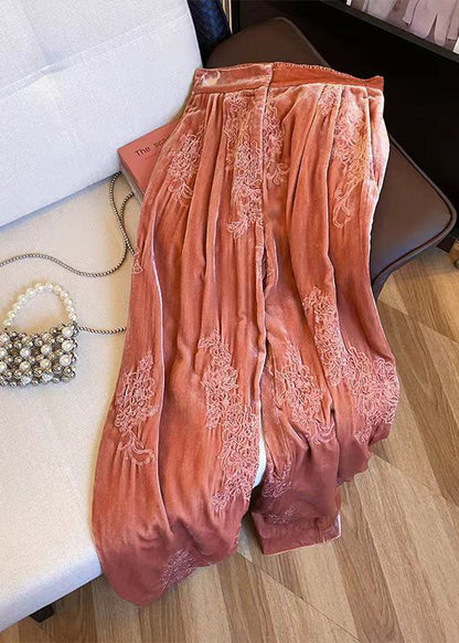Orange Embroidered Elastic Waist Velvet Pants Spring