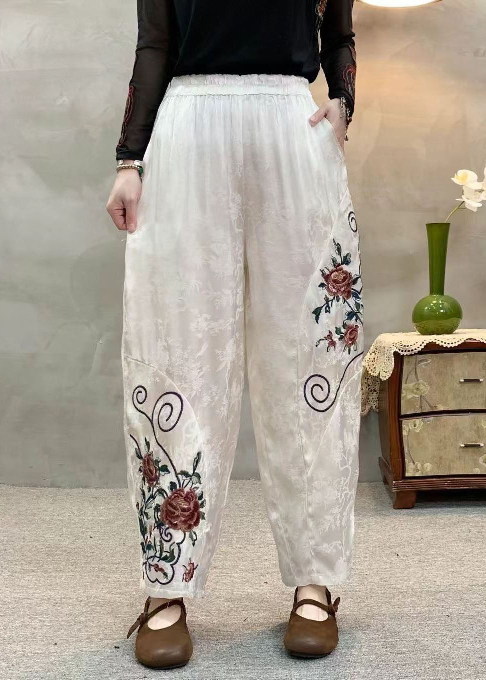 Orange Embroidered Jacquard Pockets Silk Harem Pants Spring