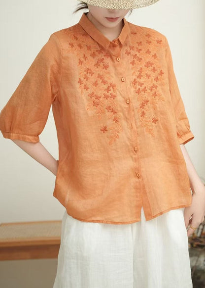 Orange Embroidered Linen Shirt Tops Bracelet Sleeve