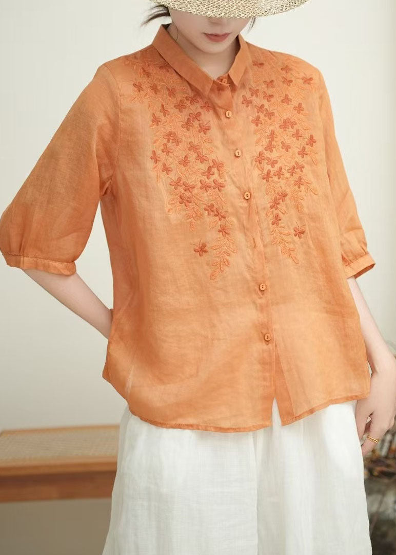 Orange Embroidered Linen Shirt Tops Bracelet Sleeve