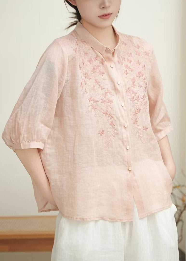 Orange Embroidered Linen Shirt Tops Bracelet Sleeve