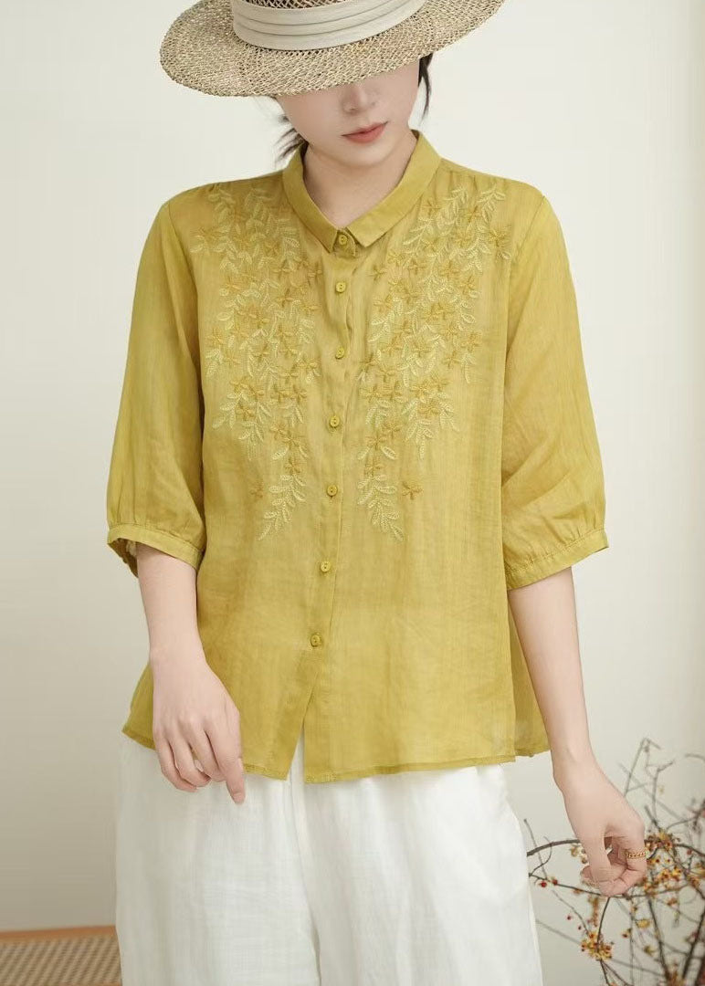 Orange Embroidered Linen Shirt Tops Bracelet Sleeve