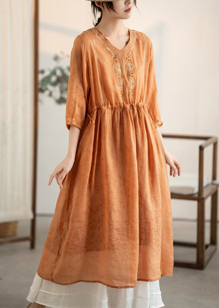 Orange Embroidered Patchwork Linen Dresses Summer