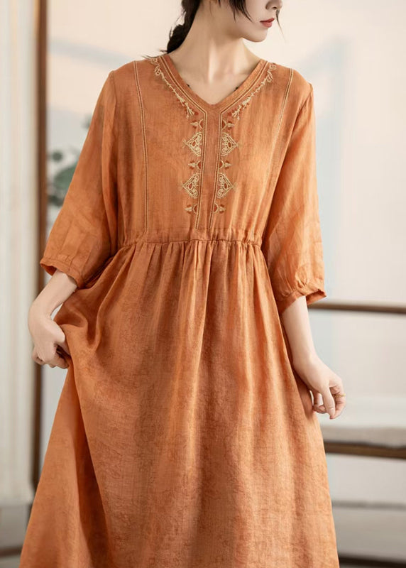 Orange Embroidered Patchwork Linen Dresses Summer