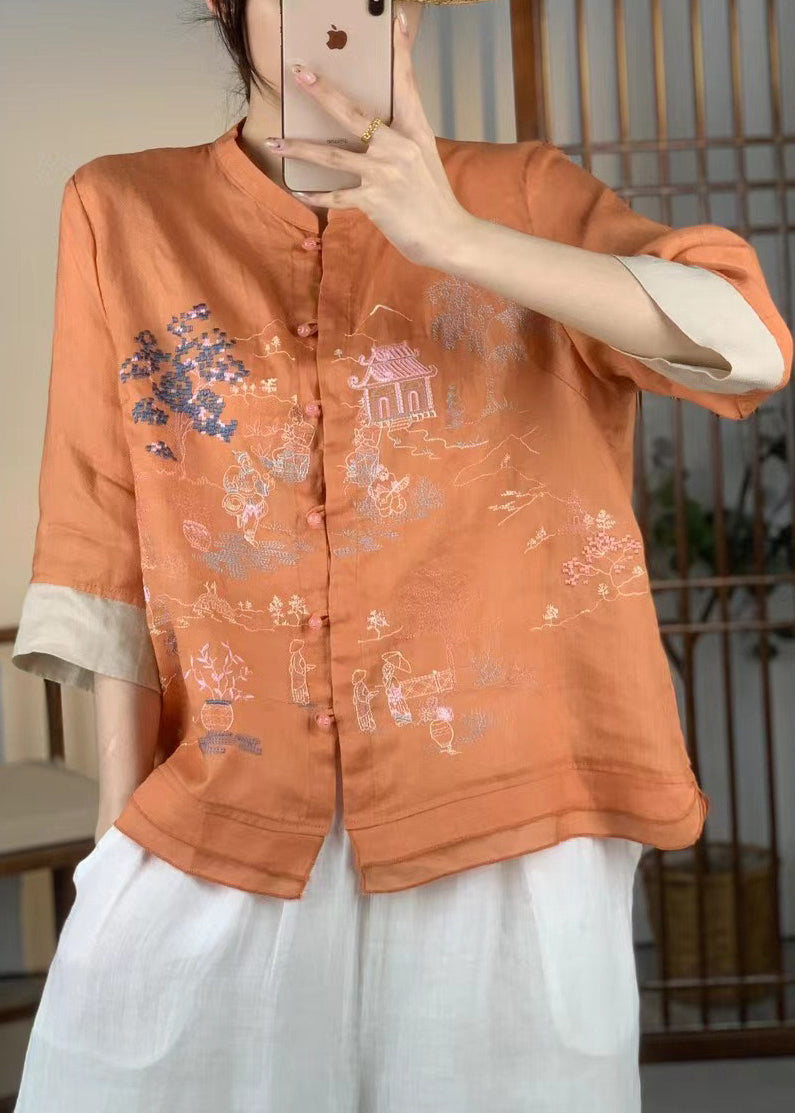 Orange Embroidered Patchwork Linen Shirt Bracelet Sleeve
