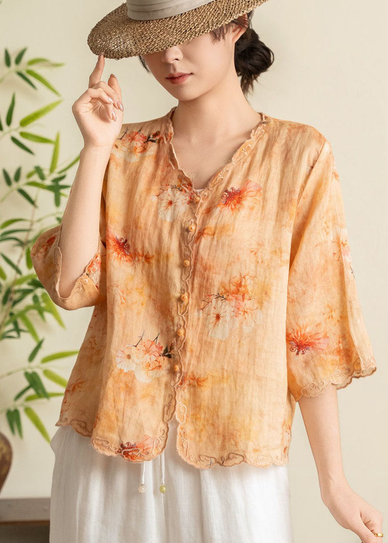 Orange Embroidered Print Linen Blouses Summer