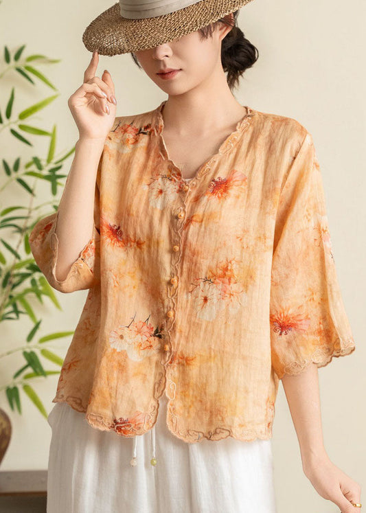 Orange Embroidered Print Linen Blouses Summer