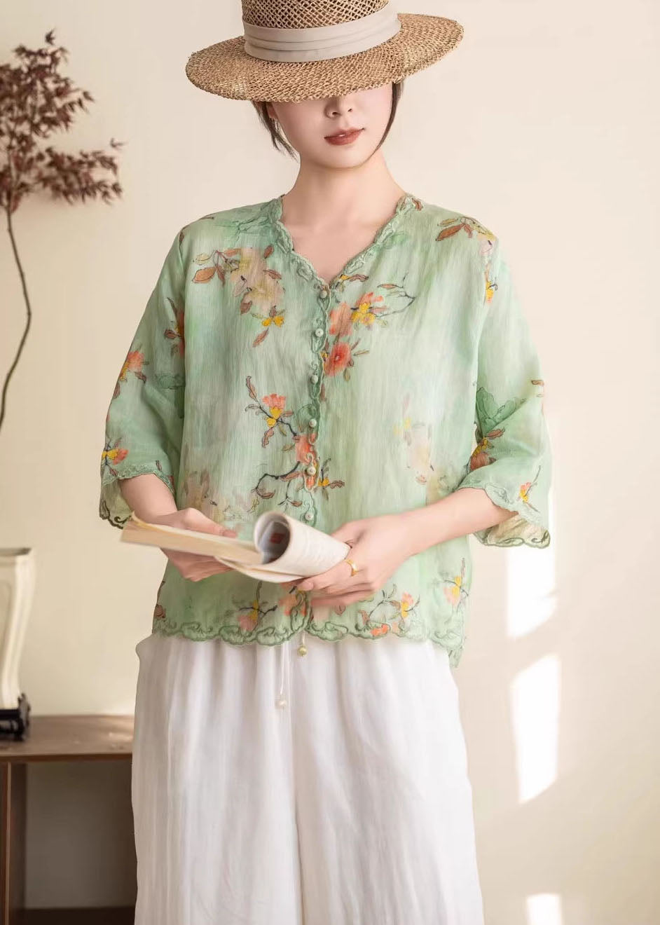 Orange Embroidered Print Linen Blouses Summer