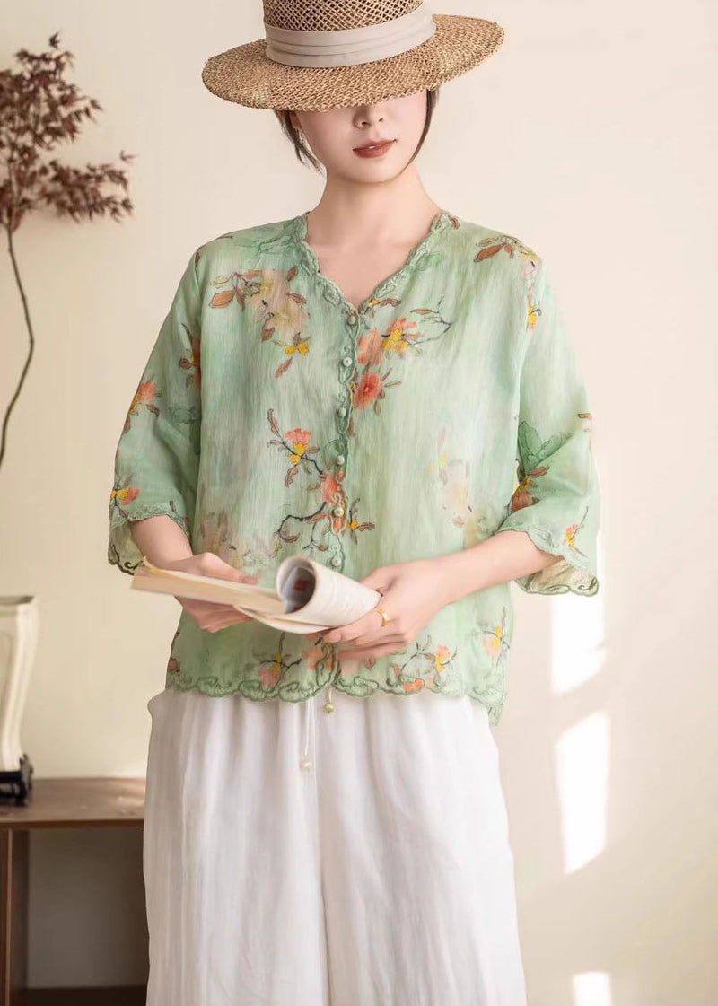 Orange Embroidered Print Linen Blouses Summer