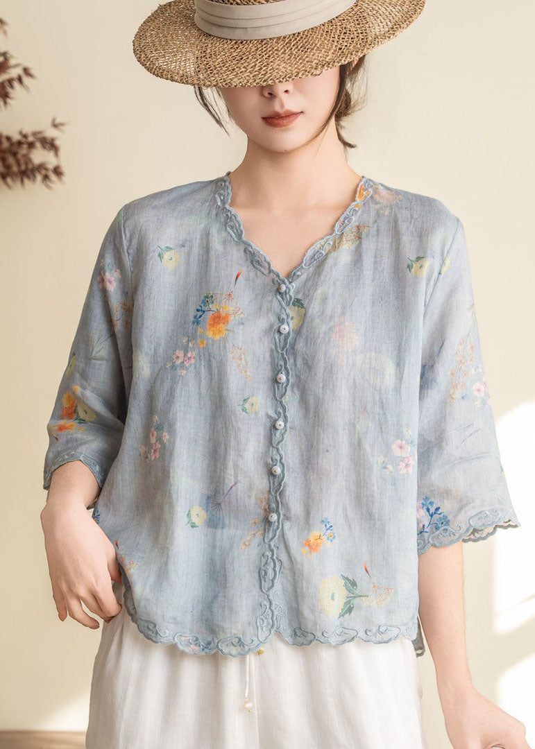 Orange Embroidered Print Linen Blouses Summer