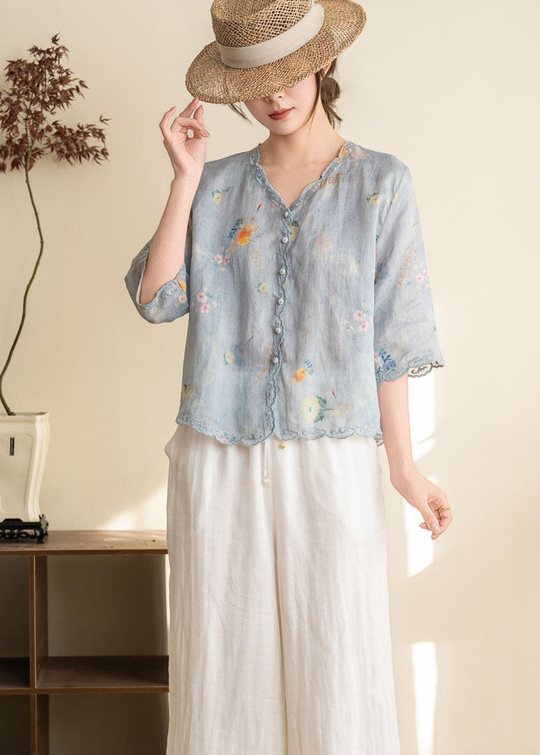 Orange Embroidered Print Linen Blouses Summer