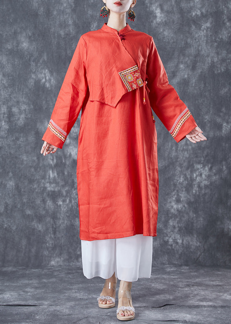 Orange Embroideried Lace Up Linen Holiday Dress Summer
