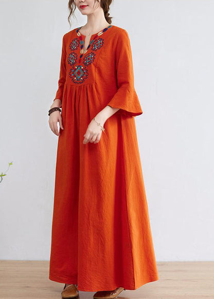 Orange Embroideried Wrinkled Cotton Maxi Dress Bracelet Sleeve