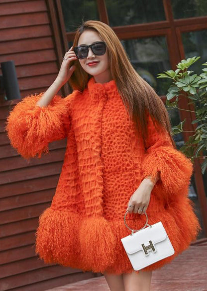 Orange Fluffy Patchwork Wool Coat Winter