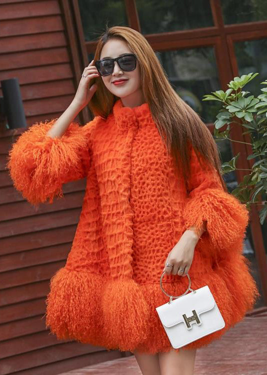 Orange Fluffy Patchwork Wool Coat Winter