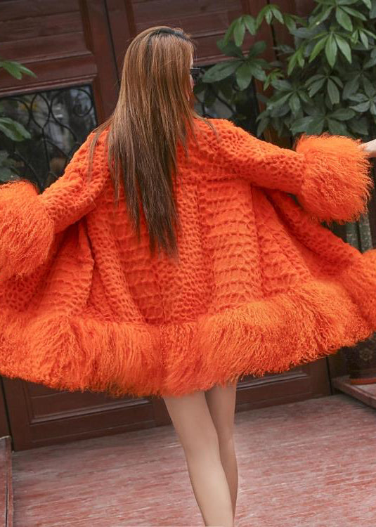 Orange Fluffy Patchwork Wool Coat Winter