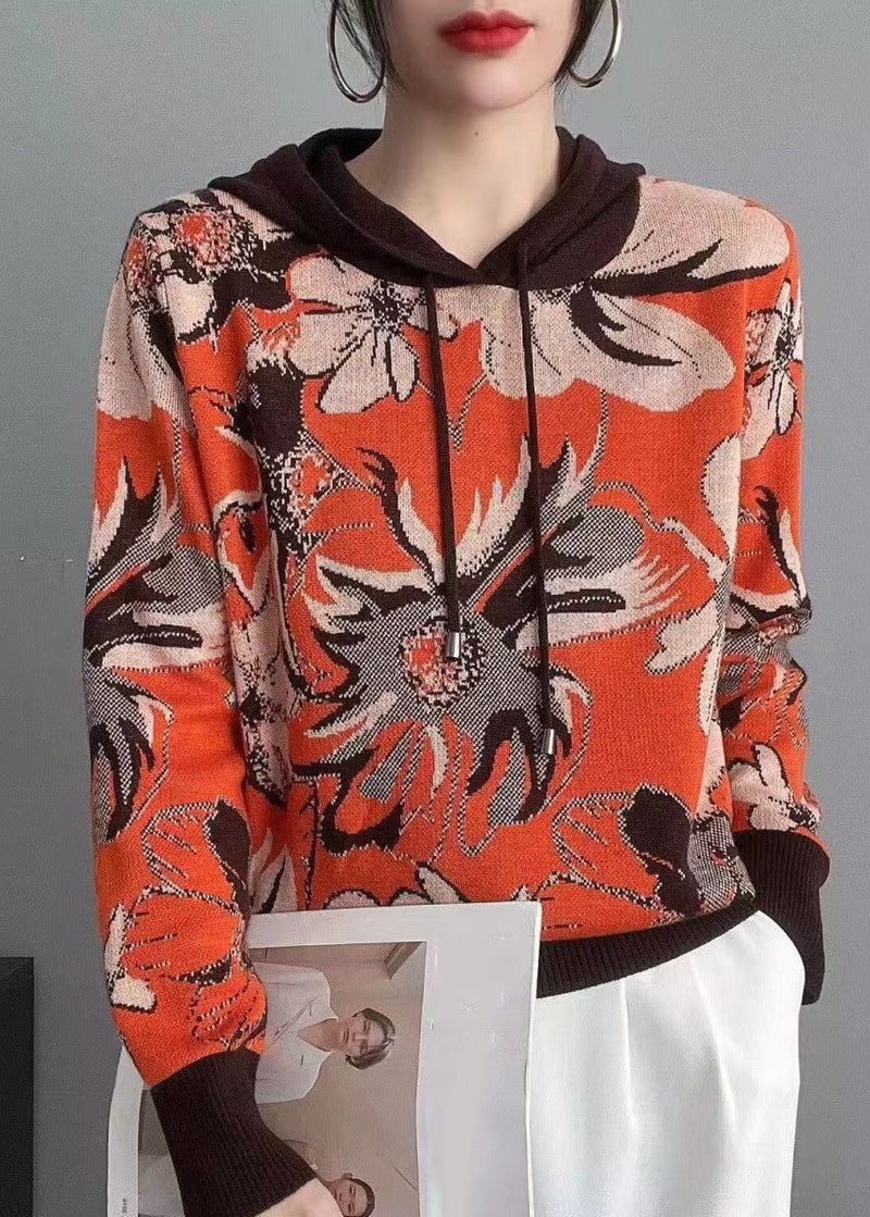 Orange Hooded Patchwork Cozy Knit Sweaters Long Sleeve