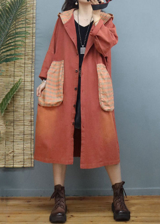 Orange Hooded Pockets Patchwork Cotton Coats Fall
