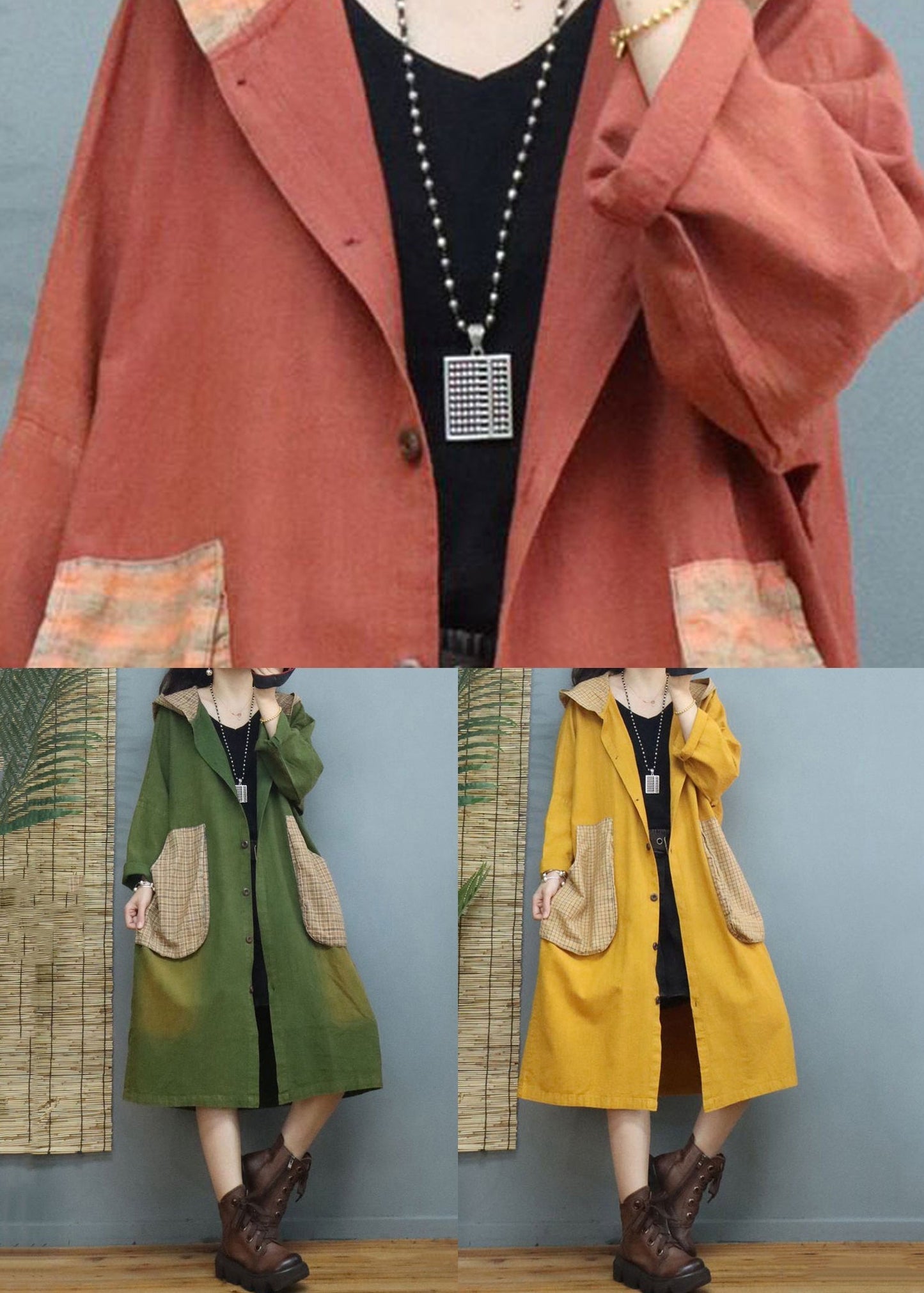 Orange Hooded Pockets Patchwork Cotton Coats Fall
