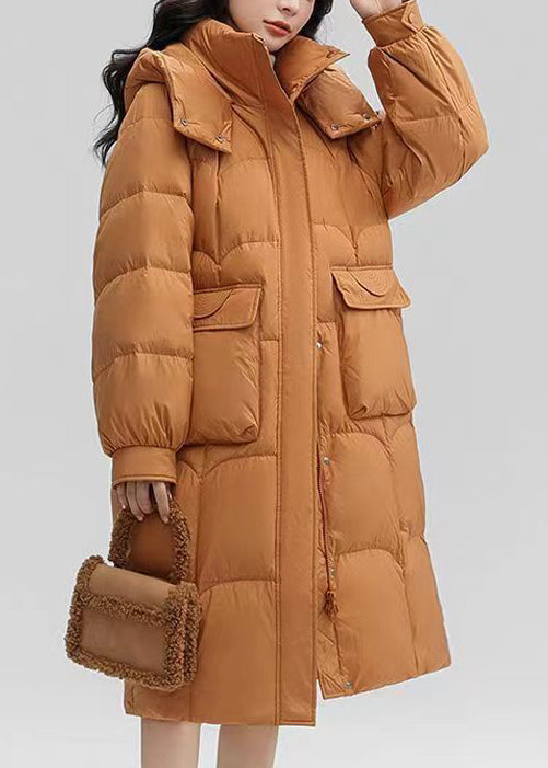 Orange Hooded Pockets Patchwork Duck Down Long Coat Winter