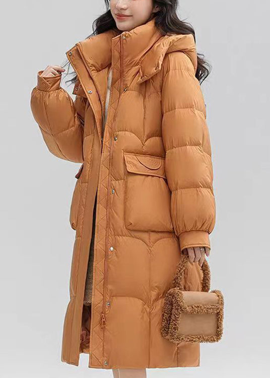 Orange Hooded Pockets Patchwork Duck Down Long Coat Winter