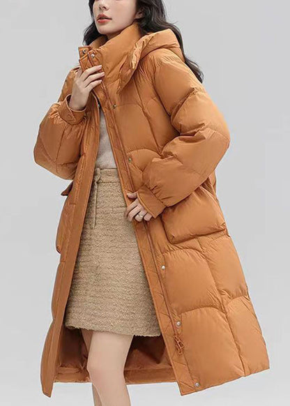 Orange Hooded Pockets Patchwork Duck Down Long Coat Winter