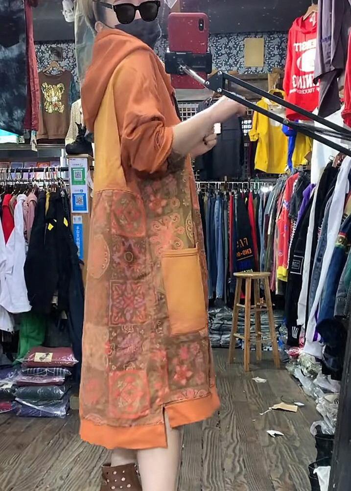 Orange Hooded Print Long Dresses Spring Cotton Dress