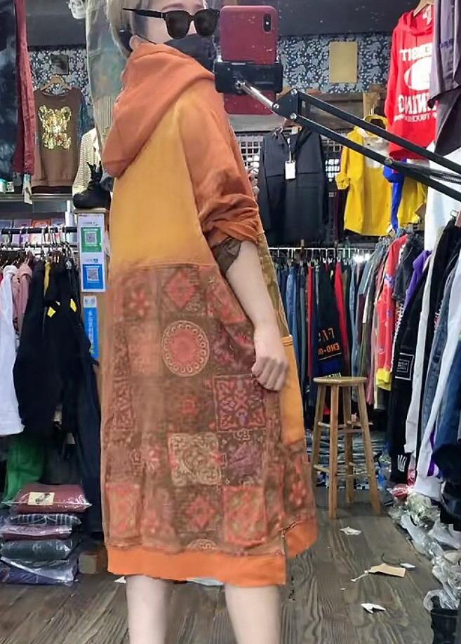 Orange Hooded Print Long Dresses Spring Cotton Dress