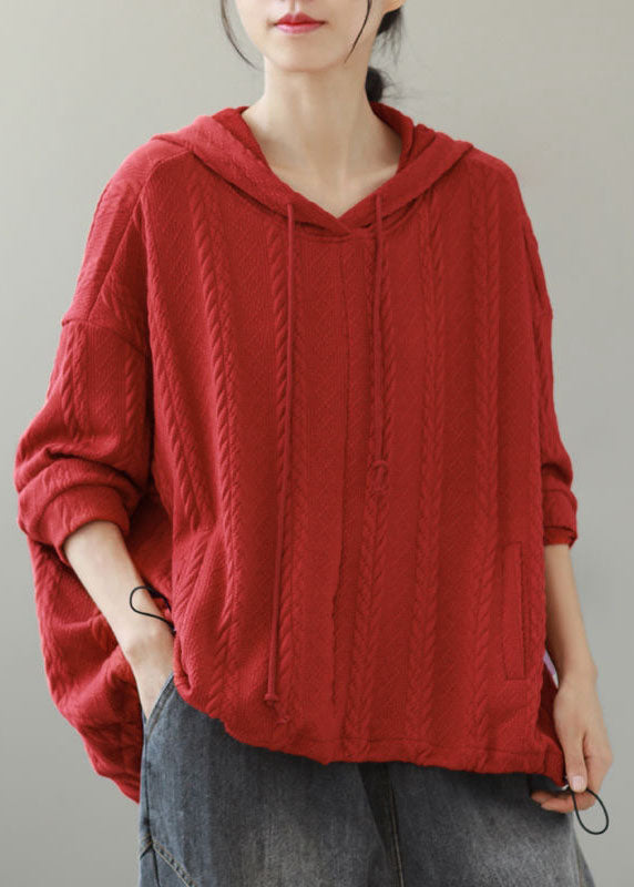 Orange Hooded Drawstring Knit Short Sweater Winter