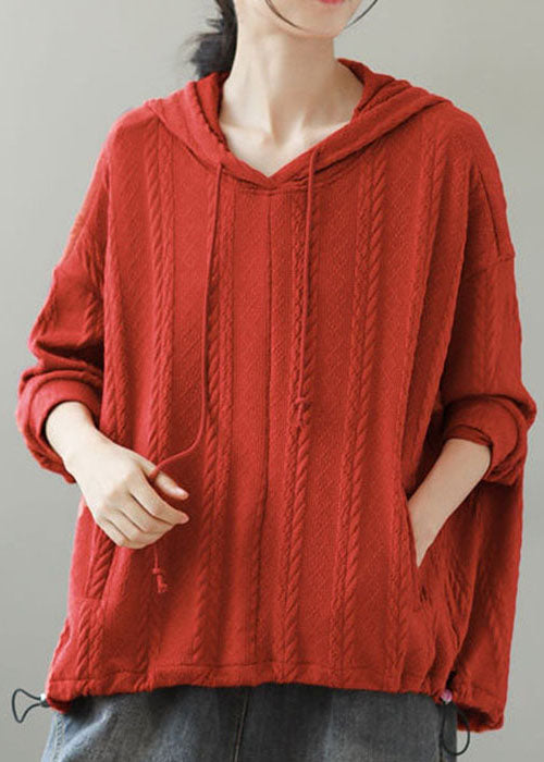 Orange Hooded Drawstring Knit Short Sweater Winter